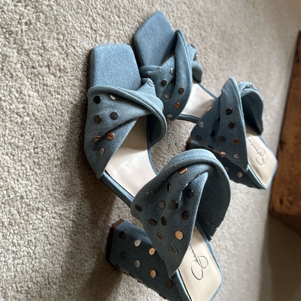 Blue denim studded Block Heel Sandals